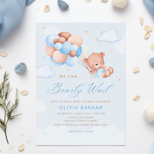 Invitación Boho Teddy Bear Boy Blue Bearly Wait Baby Shower I (Subido por el creador)