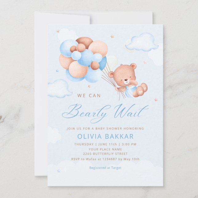 Invitación Boho Teddy Bear Boy Blue Bearly Wait Baby Shower I (Anverso)
