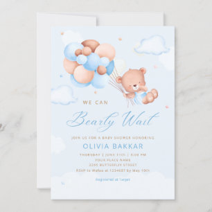 Invitación Boho Teddy Bear Boy Blue Bearly Wait Baby Shower I