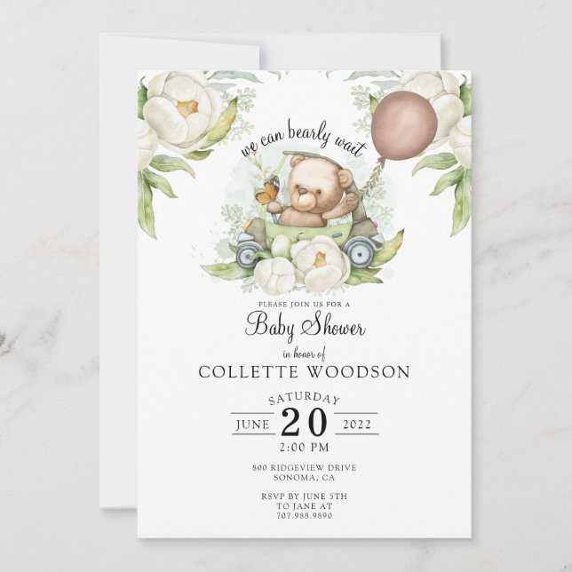 Invitación Boho Teddy Bear Brown Sage Green Bearly Wait (Anverso)