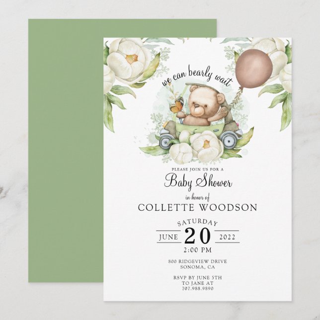 Invitación Boho Teddy Bear Brown Sage Green Bearly Wait Invit (Anverso / Reverso)