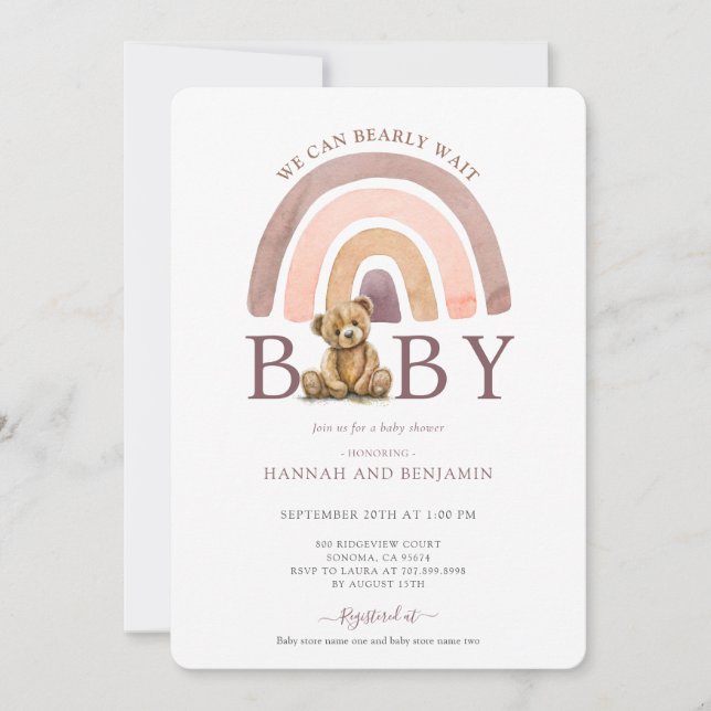 Invitación Boho Teddy Bear Chica arcoiris Baby Shower rosa (Anverso)