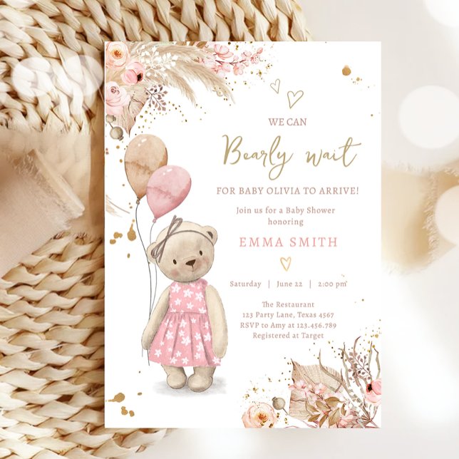 Invitación Boho Teddy Bear Chica de picnic Baby Shower rosado (Subido por el creador)