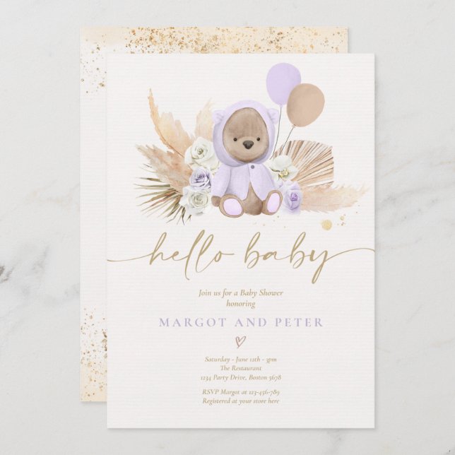 Invitación Boho Teddy Bear Chica Lilac Bearly Wait Baby Showe (Anverso / Reverso)