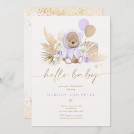 Invitación Boho Teddy Bear Chica Lilac Bearly Wait Baby Showe