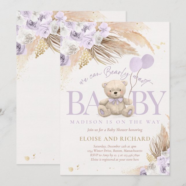 Invitación Boho Teddy Bear Chica Lilac Bearly Wait Baby Showe (Anverso / Reverso)