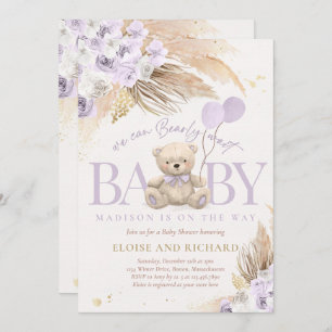 Invitación Boho Teddy Bear Chica Lilac Bearly Wait Baby Showe