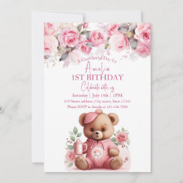 Invitación Boho Teddy Bear Chica Oso Rosa Floral Cumpleaños