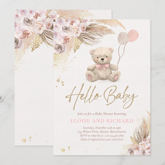 Invitación Boho Teddy Bear Chica Pink Bearly Wait Baby Shower (Anverso / Reverso)