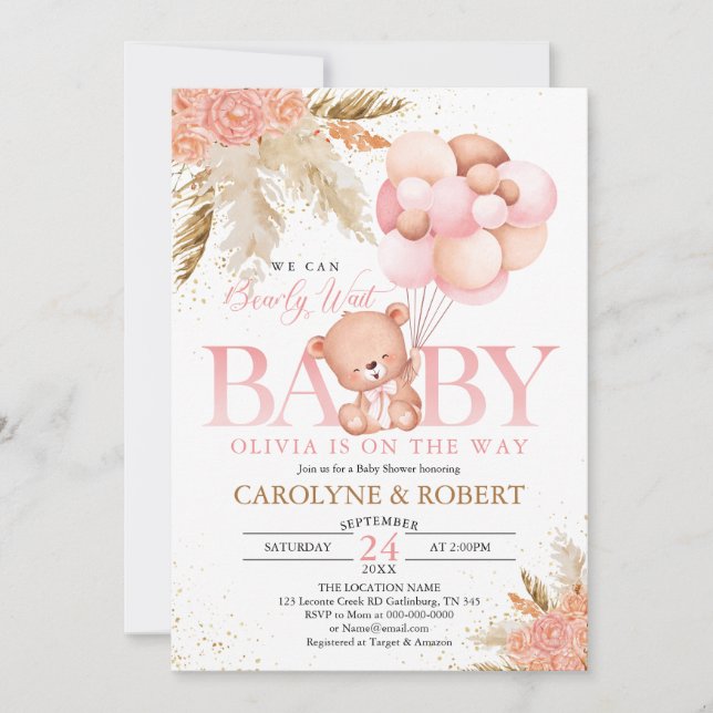 Invitación Boho Teddy Bear Chica Pink Bearly Wait Baby Shower (Anverso)
