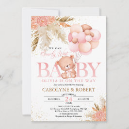 Invitación Boho Teddy Bear Chica Pink Bearly Wait Baby Shower