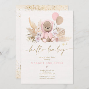 Invitación Boho Teddy Bear Chica Pink Bearly Wait Baby Shower