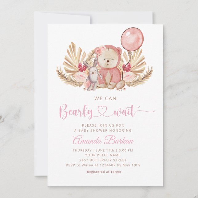 Invitación Boho Teddy Bear Chica Pink Bearly Wait Baby Shower (Anverso)