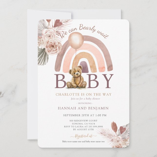 Invitación Boho Teddy Bear Chica Pink Bearly Wait Baby Shower (Anverso)