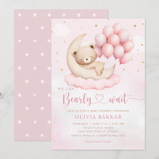 Invitación Boho Teddy Bear Chica Pink Bearly Wait Baby Shower (Anverso / Reverso)
