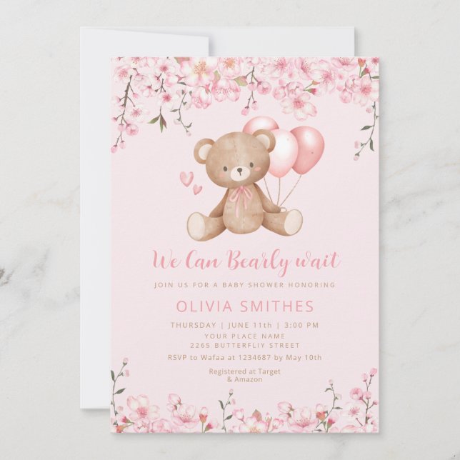 Invitación Boho Teddy Bear Chica Pink Bearly Wait Baby Shower (Anverso)