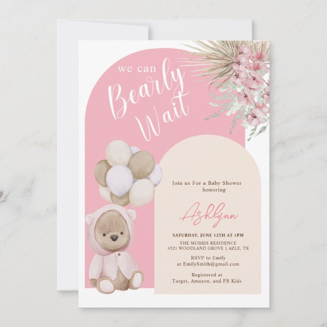 Invitación Boho Teddy Bear Chica Pink Bearly Wait Baby Shower (Anverso)