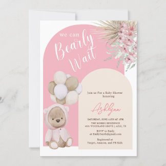 Invitación Boho Teddy Bear Chica Pink Bearly Wait Baby Shower