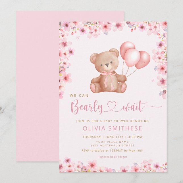 Invitación Boho Teddy Bear Chica Pink Bearly Wait Baby Shower (Anverso / Reverso)