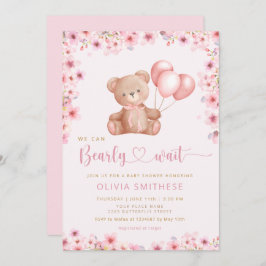 Invitación Boho Teddy Bear Chica Pink Bearly Wait Baby Shower
