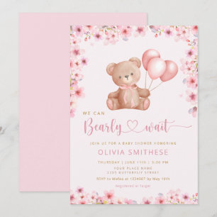 Invitación Boho Teddy Bear Chica Pink Bearly Wait Baby Shower