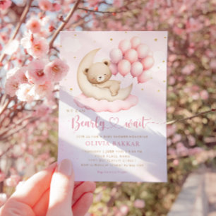 Invitación Boho Teddy Bear Chica Pink Bearly Wait Baby Shower