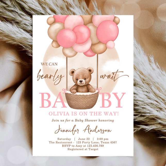 Invitación Boho Teddy Bear Chica Pink Bearly Wait Baby Shower (Subido por el creador)