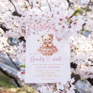 Invitación Boho Teddy Bear Chica Pink Bearly Wait Baby Shower