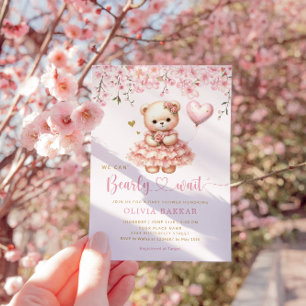 Invitación Boho Teddy Bear Chica Pink Bearly Wait Baby Shower
