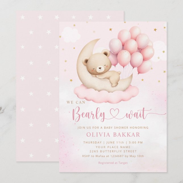 Invitación Boho Teddy Bear Chica Pink Bearly Wait Baby Shower (Anverso / Reverso)