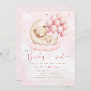 Invitación Boho Teddy Bear Chica Pink Bearly Wait Baby Shower