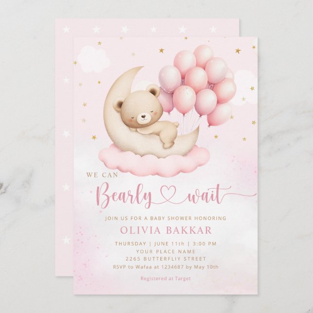 Invitación Boho Teddy Bear Chica Pink Bearly Wait Baby Shower (Anverso / Reverso)