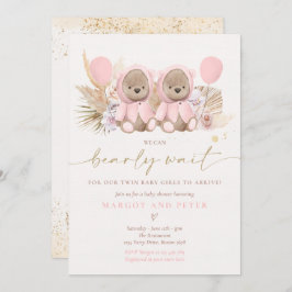 Invitación Boho Teddy Bear Chicas gemelos esperan pronto Baby