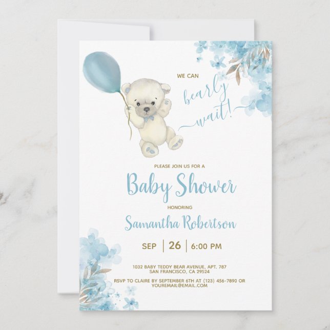 Invitación Boho Teddy Bear Dusty Blue Balloon Boy Baby Shower (Anverso)