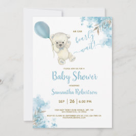 Invitación Boho Teddy Bear Dusty Blue Balloon Boy Baby Shower