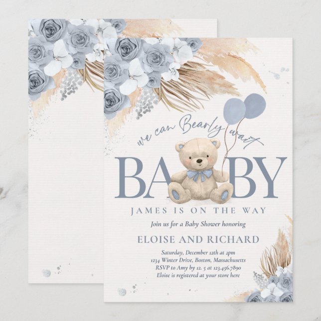 Invitación Boho Teddy Bear Dusty Blue Bearly Wait Baby Shower (Anverso / Reverso)