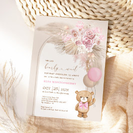 Invitación Boho Teddy Bear Dusty Floral Rosa Bebé Beber Ducha