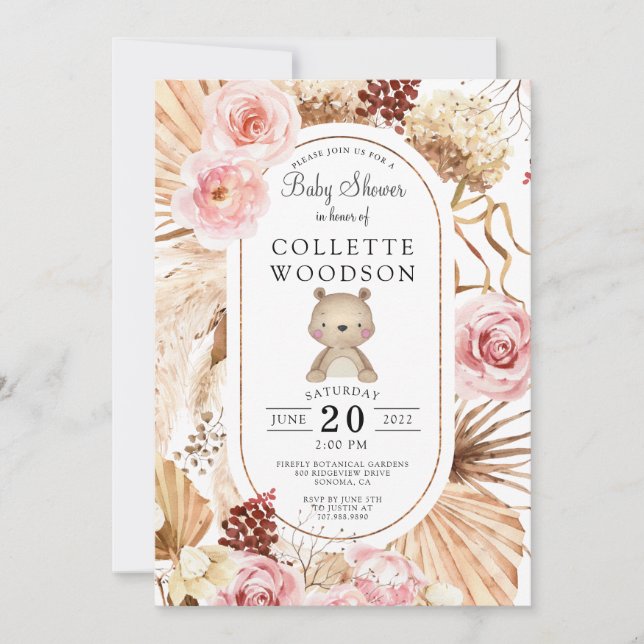 Invitación Boho Teddy Bear Floral Rosa & Palmetto Baby Shower (Anverso)