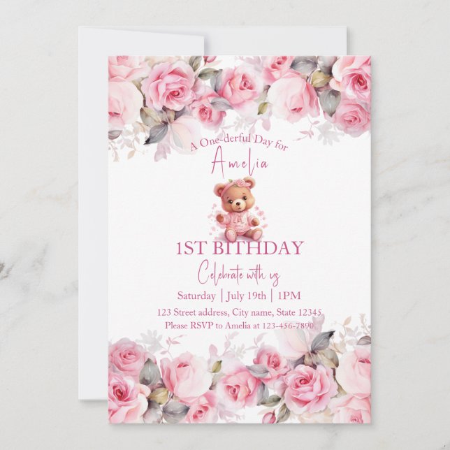 Invitación Boho Teddy Bear Girl Pink Bear Floral Birthday  (Anverso)