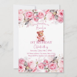 Invitación Boho Teddy Bear Girl Pink Bear Floral Birthday 