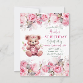 Invitación Boho Teddy Bear Girl Pink Bear Floral Birthday