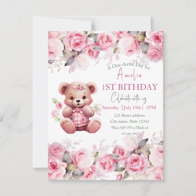 Invitación Boho Teddy Bear Girl Pink Bear Floral Birthday (Anverso)
