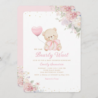 Invitación Boho Teddy Bear Girl Pink Bearly Wait Baby Shower