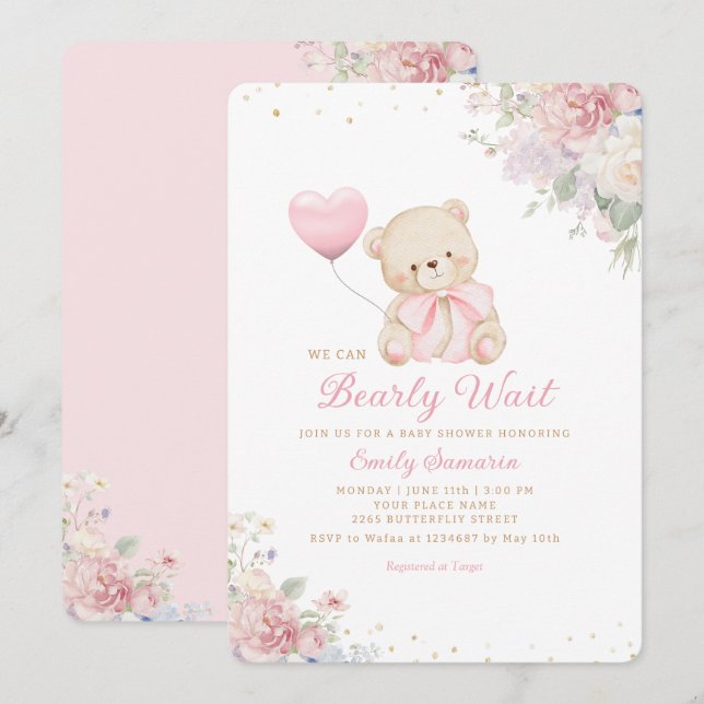 Invitación Boho Teddy Bear Girl Pink Bearly Wait Baby Shower (Anverso / Reverso)