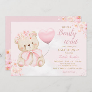 Invitación Boho Teddy Bear Girl Pink Bearly Wait Baby Shower