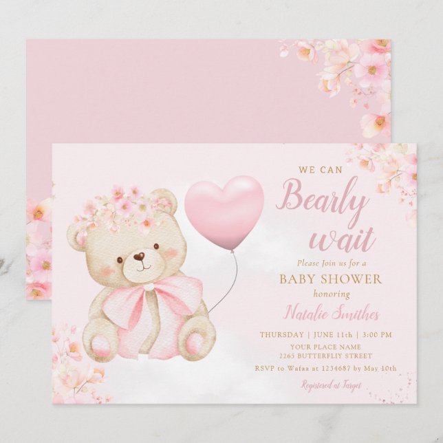 Invitación Boho Teddy Bear Girl Pink Bearly Wait Baby Shower (Anverso / Reverso)
