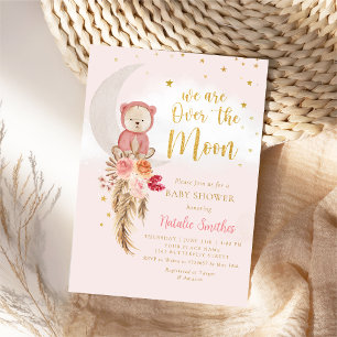 Invitación Boho Teddy Bear Girl Pink Bearly Wait Baby Shower