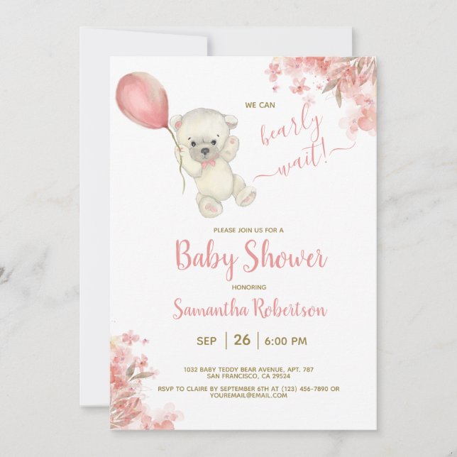 Invitación Boho Teddy Bear Globo Floral Rosa Baby Shower (Anverso)