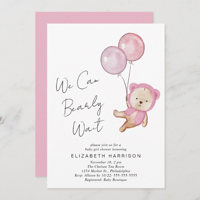 Invitación Boho Teddy Bear Globos Bebé Chica Ducha (Anverso / Reverso)