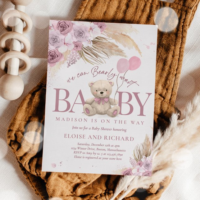 Invitación Boho Teddy Bear Mauve Bearly Bearly Wait Baby Show (Subido por el creador)
